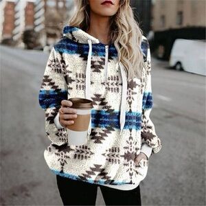 Aztec fuzzy long sleeve hoodie with zipper and pockets